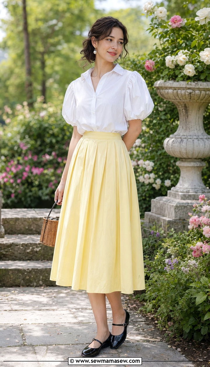 Pleated Midi Skirt With Puff Sleeve Top And Mary Janes - 35 Pleated midi skirt outfit ideas