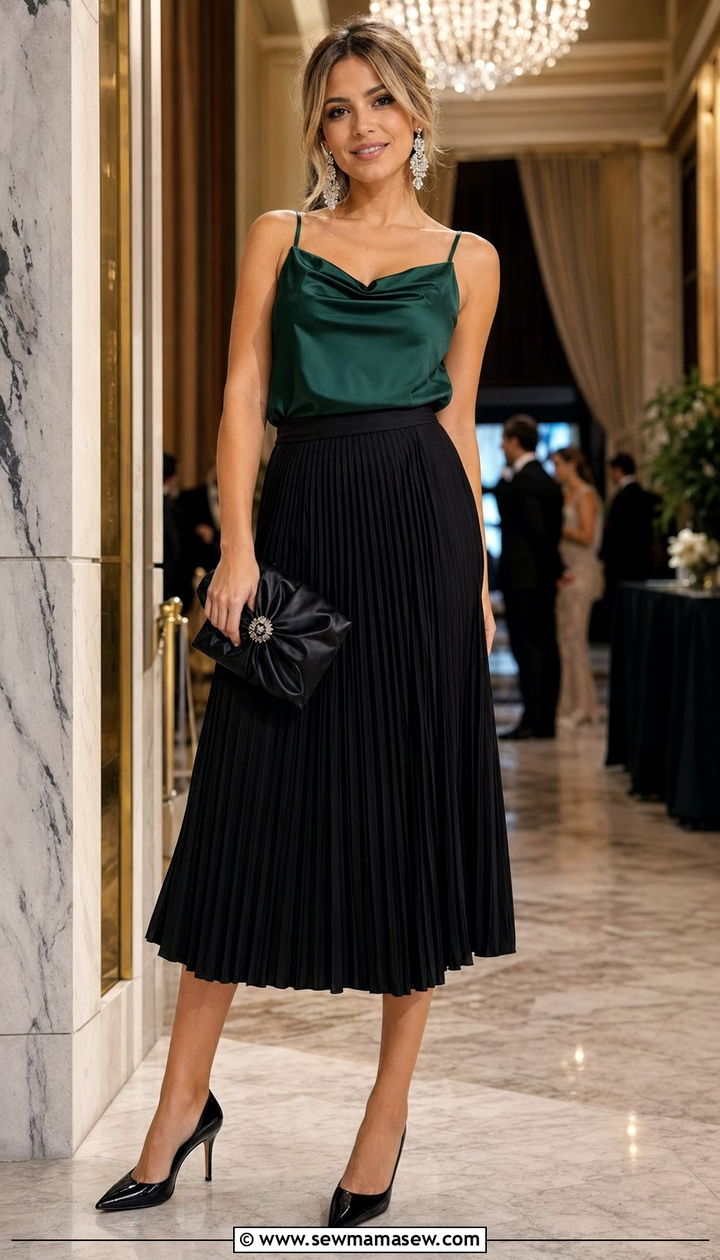 Pleated Midi Skirt With Satin Blouse - 35 Pleated midi skirt outfit ideas