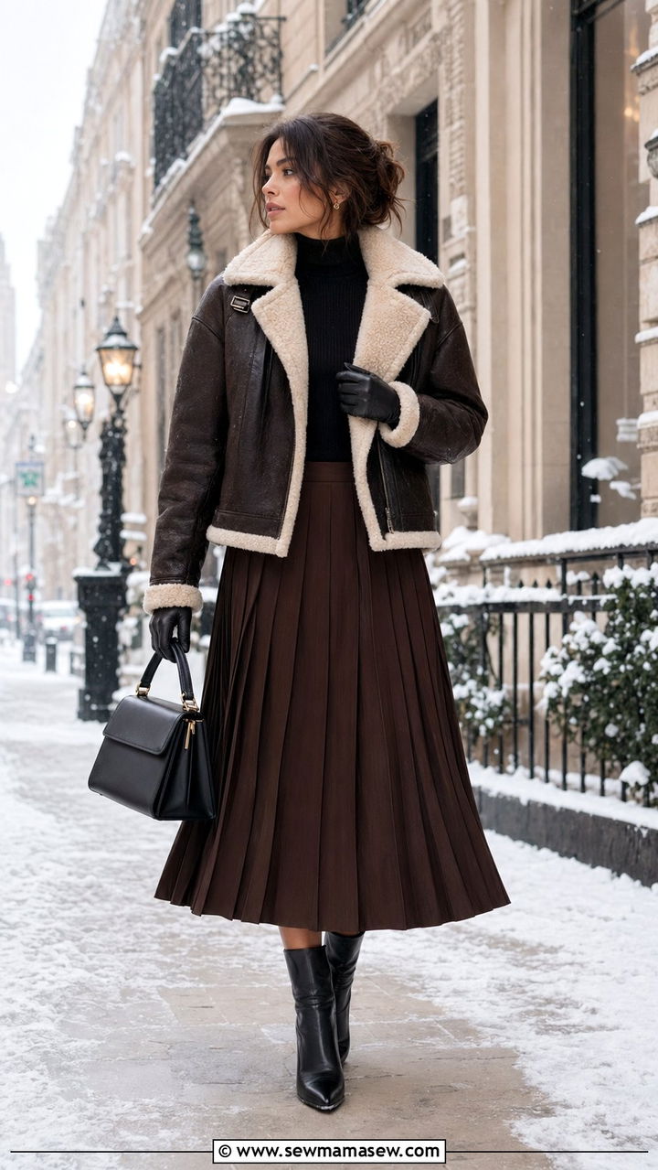 Pleated Midi Skirt With Shearling Jacket - 35 Pleated midi skirt outfit ideas