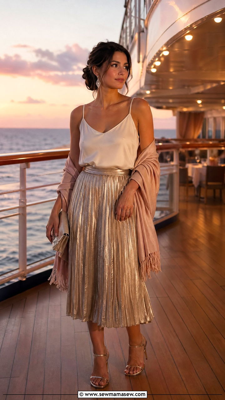 Pleated Midi Skirt With Silk Cami And Strappy Heels - 35 Cruise outfit ideas