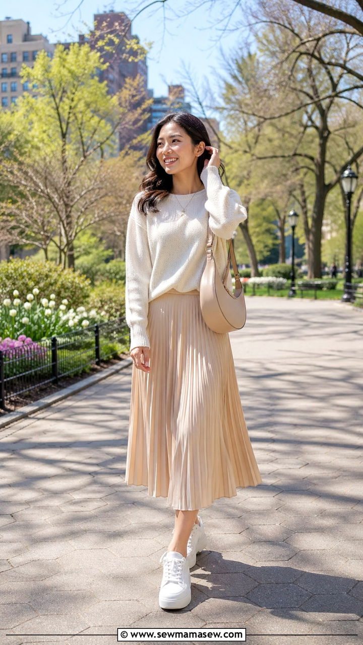 Pleated Midi Skirt With Sweater And Sneakers Outfit Petite - 30 Spring capsule wardrobe for petite women