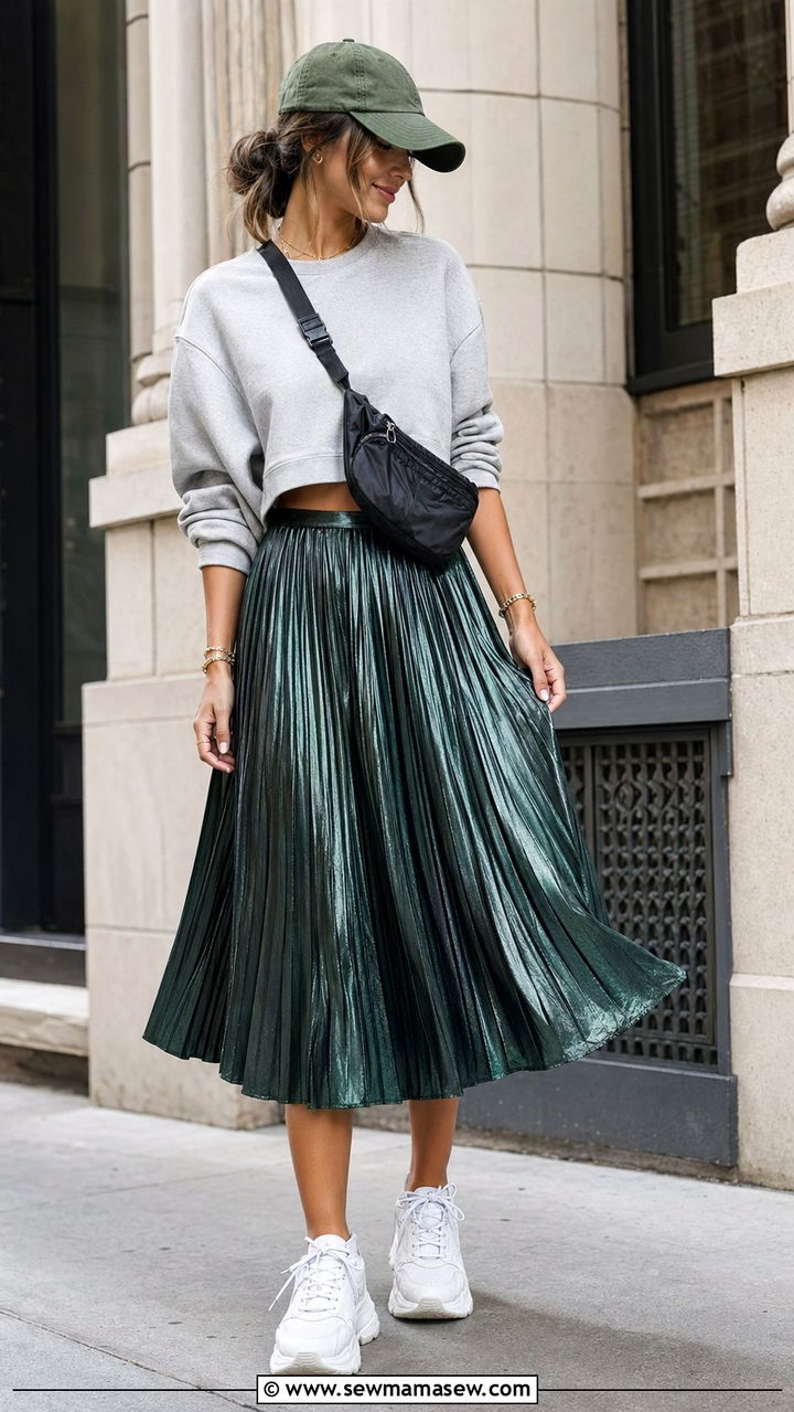 Pleated Midi Skirt With Sweatshirt And Dad Sneakers - 35 Pleated midi skirt outfit ideas