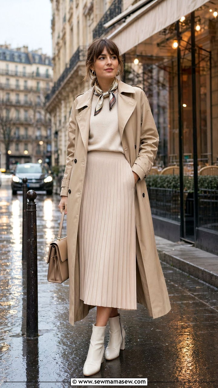 Pleated Midi Skirt With Trench Coat And Ankle Boots - 35 Pleated midi skirt outfit ideas