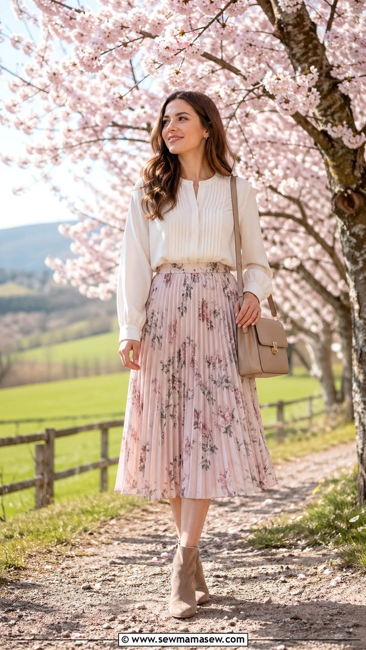 Pleated Midi Skirt With Tucked Blouse And Ankle Boots - 30 Spring countryside outfits