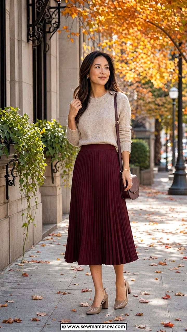 Pleated Midi Skirt With Tucked In Fine Knit Sweater - 30 Work outfits for petite women