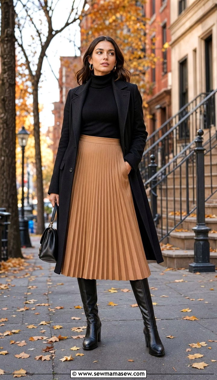 Pleated Midi Skirt With Turtleneck And Boots - 35 Pleated midi skirt outfit ideas