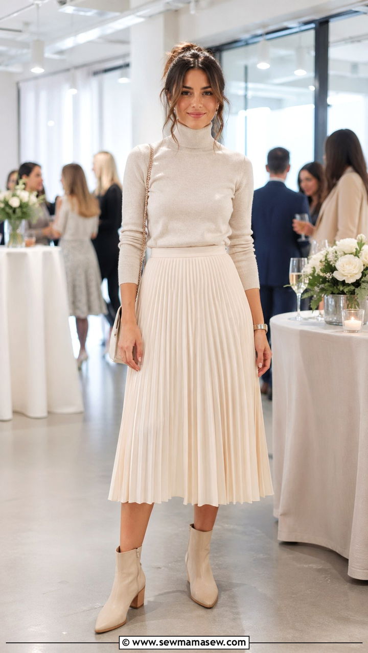 Pleated Midi Skirt With Turtleneck and Ankle Boots - 30 spring office party outfit ideas