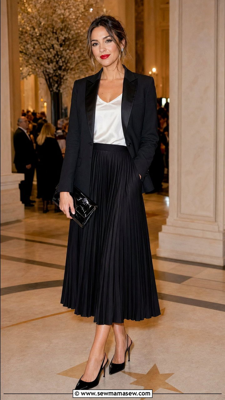 Pleated Midi Skirt With Tuxedo Blazer Outfit - 35 Pleated midi skirt outfit ideas