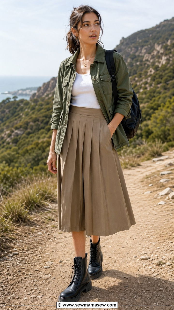 Pleated Midi Skirt With Utility Jacket And Lug Boots - 35 Pleated midi skirt outfit ideas