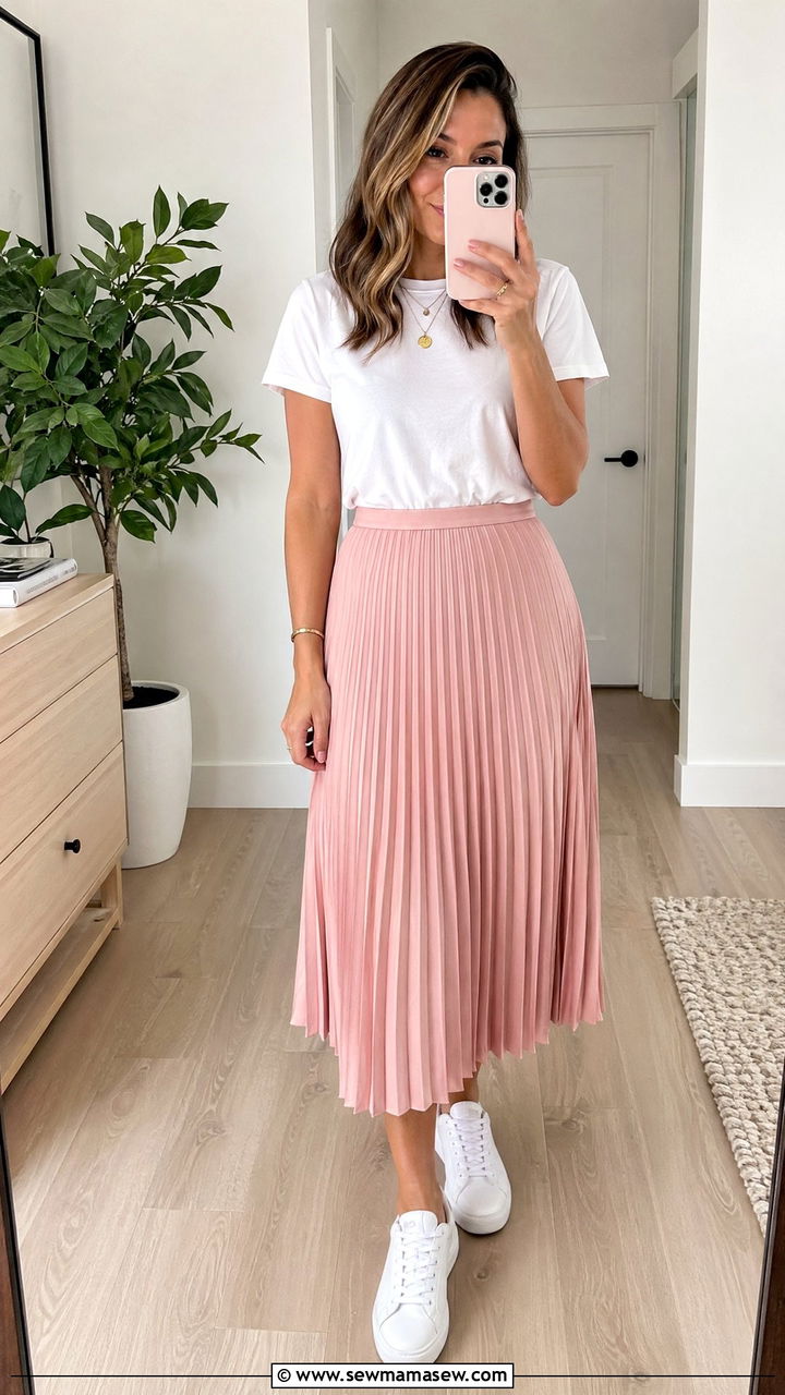 Pleated Midi Skirt With White Cotton Tee And White Sneakers - 35 summer work outfit ideas