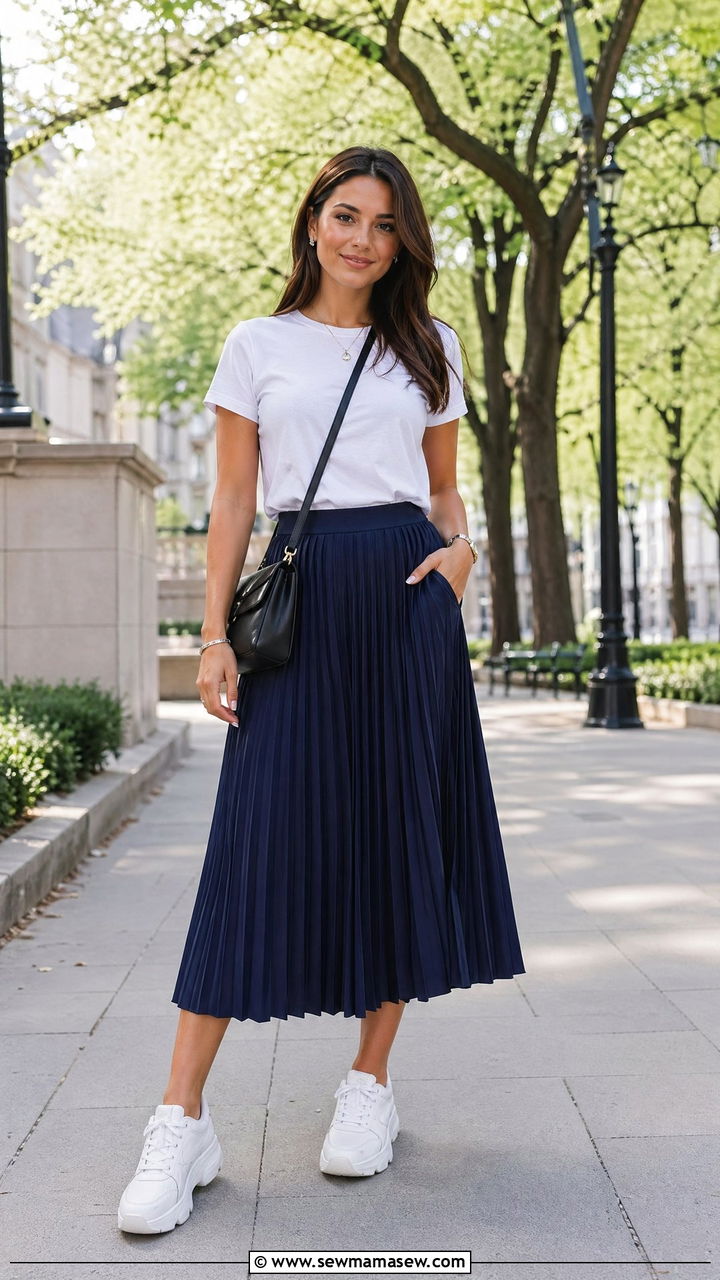 Pleated Midi Skirt With White Tee And Chunky Sneakers Outfit - 35 classy casual outfits