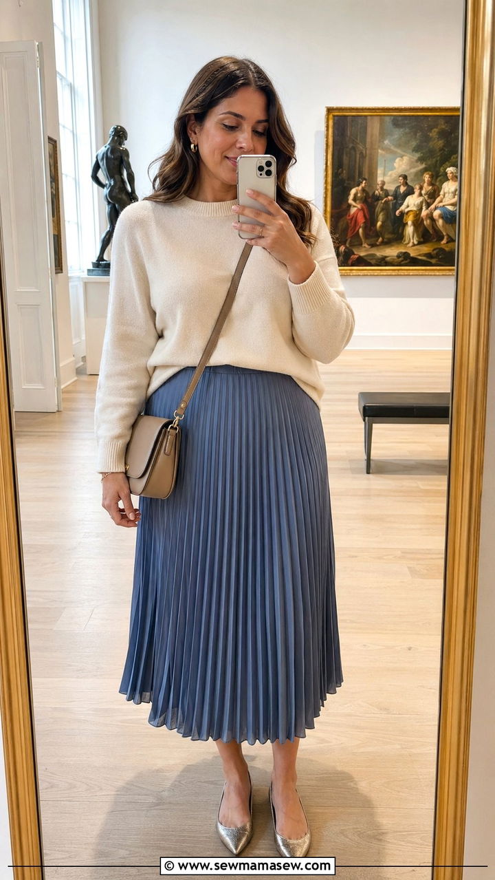 Pleated Midi Skirt and Cashmere Sweater Outfit - 35 Plus size outfits for women over 40