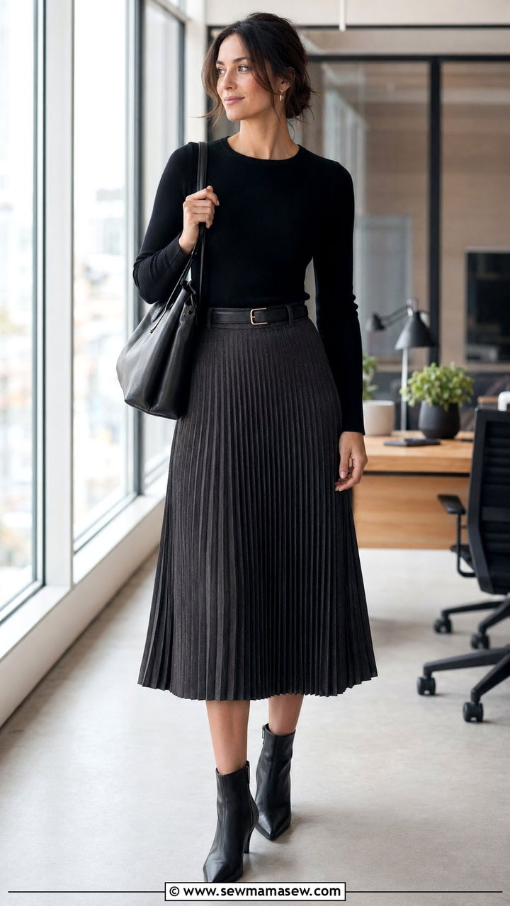 Pleated Midi Skirt and Fitted Knit Sweater Outfit - 35 scandinavian outfits for women