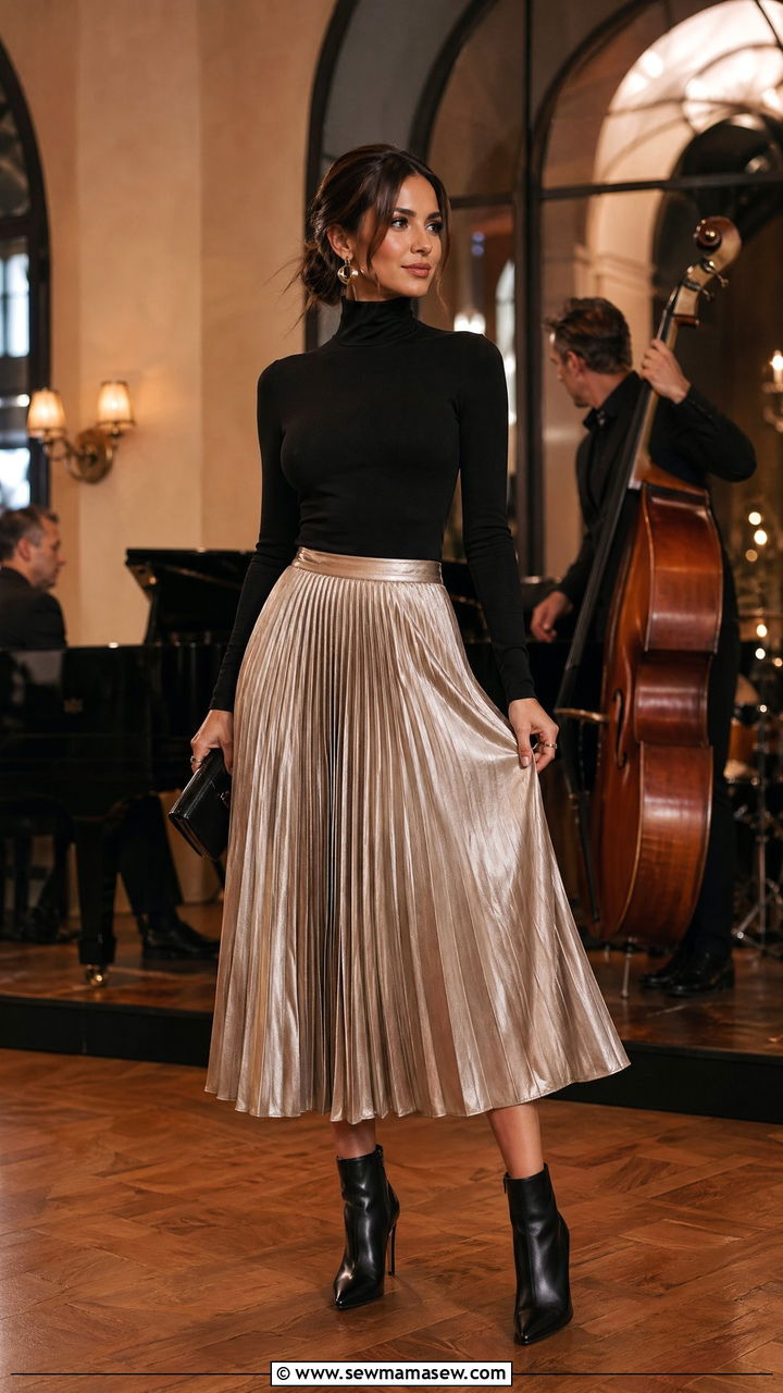 Pleated Midi Skirt and Fitted Turtleneck Concert Outfit - 35 classy concert outfit ideas