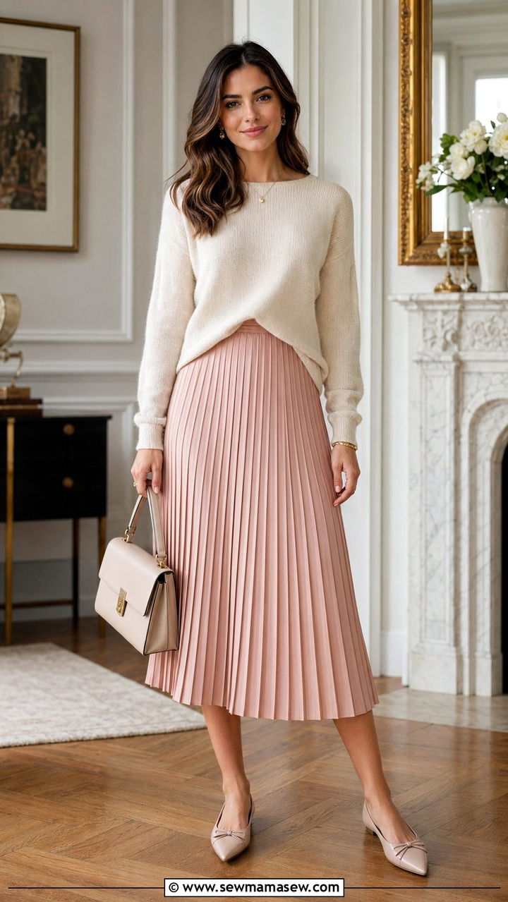Pleated Midi Skirt and Lightweight Sweater - 30 Aesthetic spring outfits