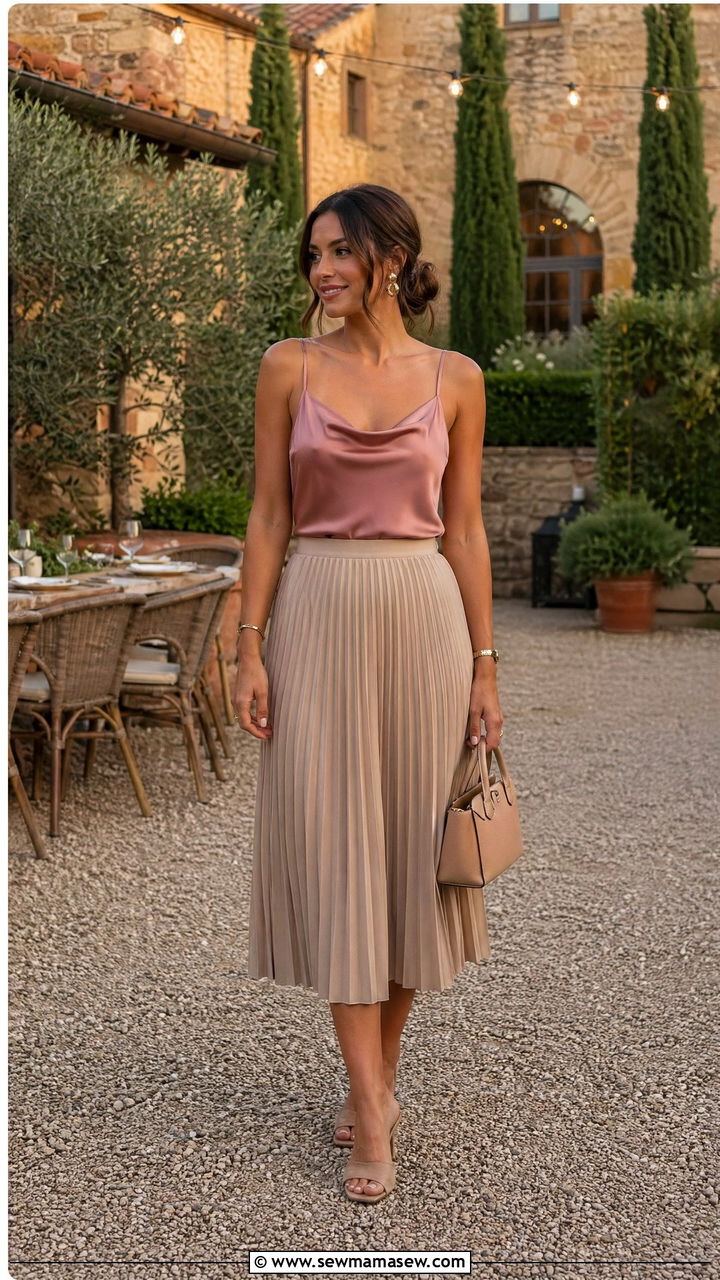 Pleated Midi Skirt and Silk Cami - 35 Tuscany vacation outfit ideas