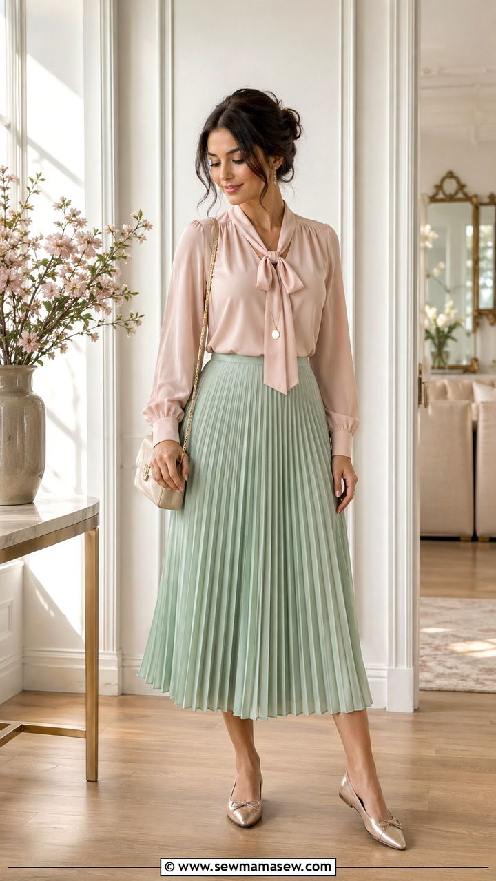 Pleated Midi Skirt with Blouse - 30 spring modest outfit ideas