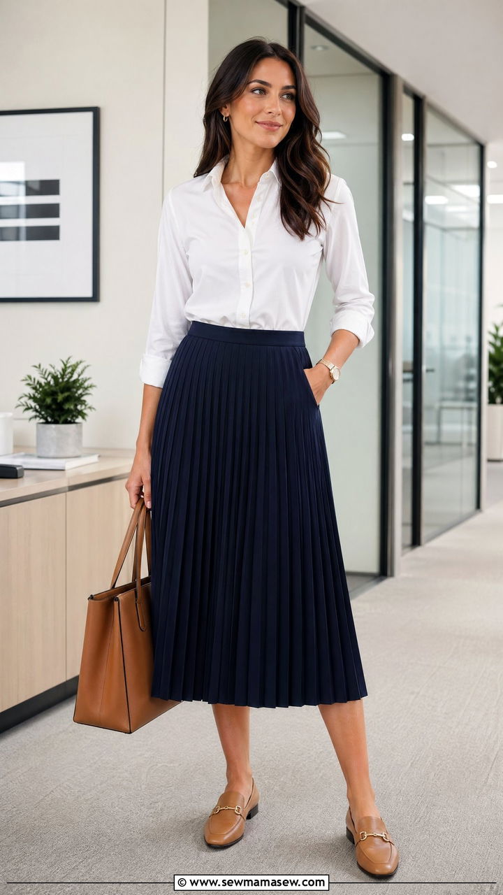 Pleated Midi Skirt with Button Down Shirt - 35 Summer outfits with skirts