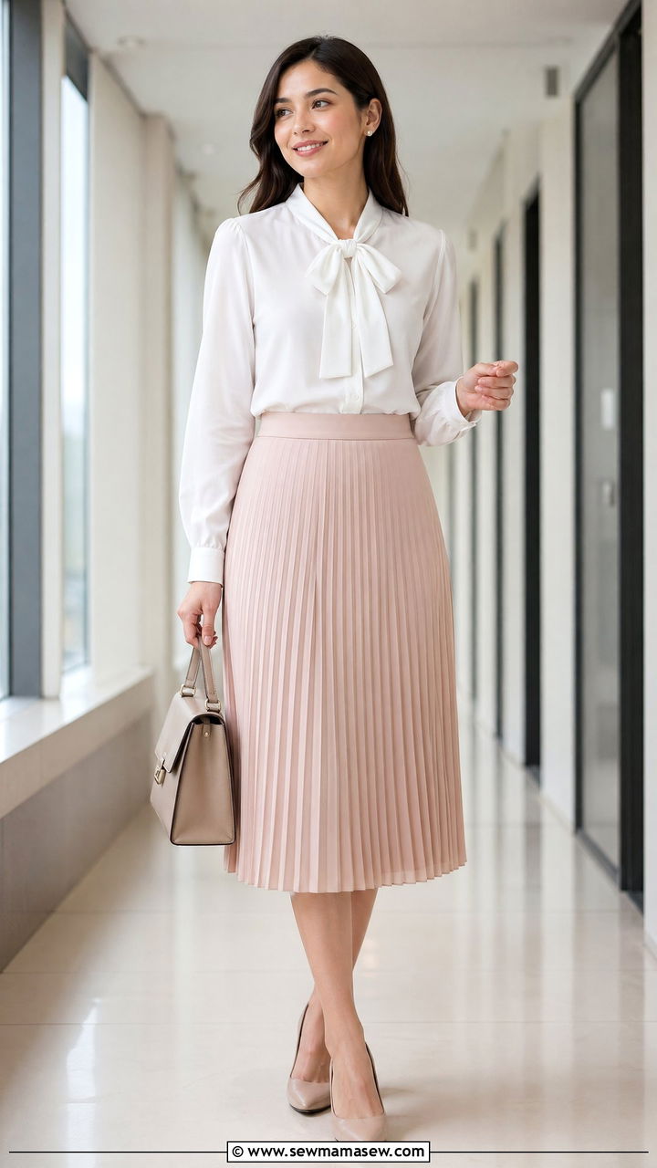 Pleated Midi Skirt with Cotton Blouse - 35 summer interview outfit ideas