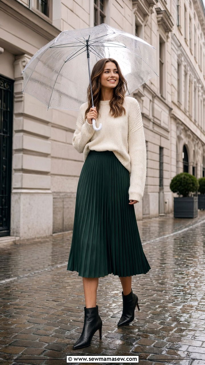 Pleated Midi Skirt with Cream Sweater and Clear Umbrella - 35 Rainy summer outfits