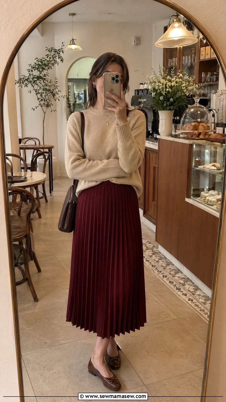 Pleated Midi Skirt with Fine Knit Sweater and Ballet Flats - 35 classy travel outfits