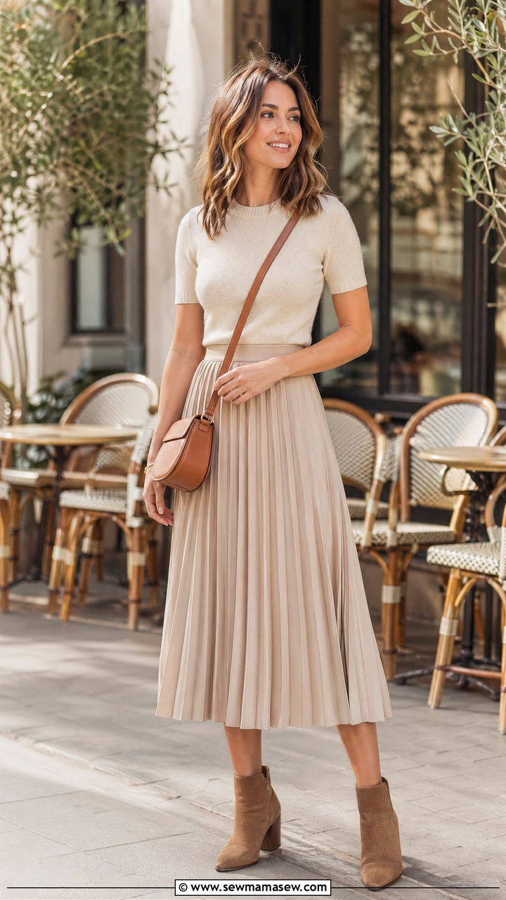 Pleated Midi Skirt with Fine Knit Top and Ankle Boots - 35 classy spring to summer outfits