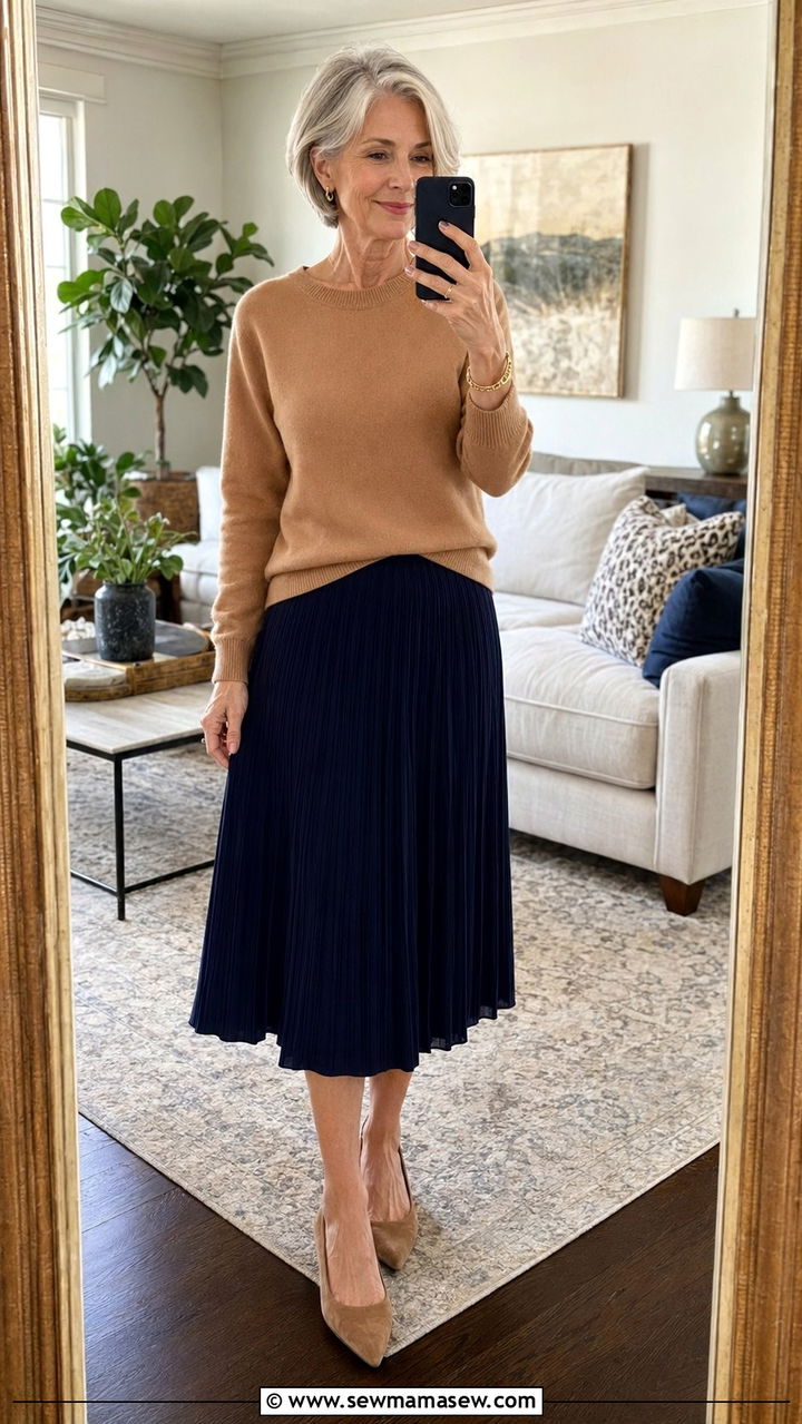 Pleated Midi Skirt with Fitted Crewneck Sweater - 35 Petite outfit ideas for women over 60