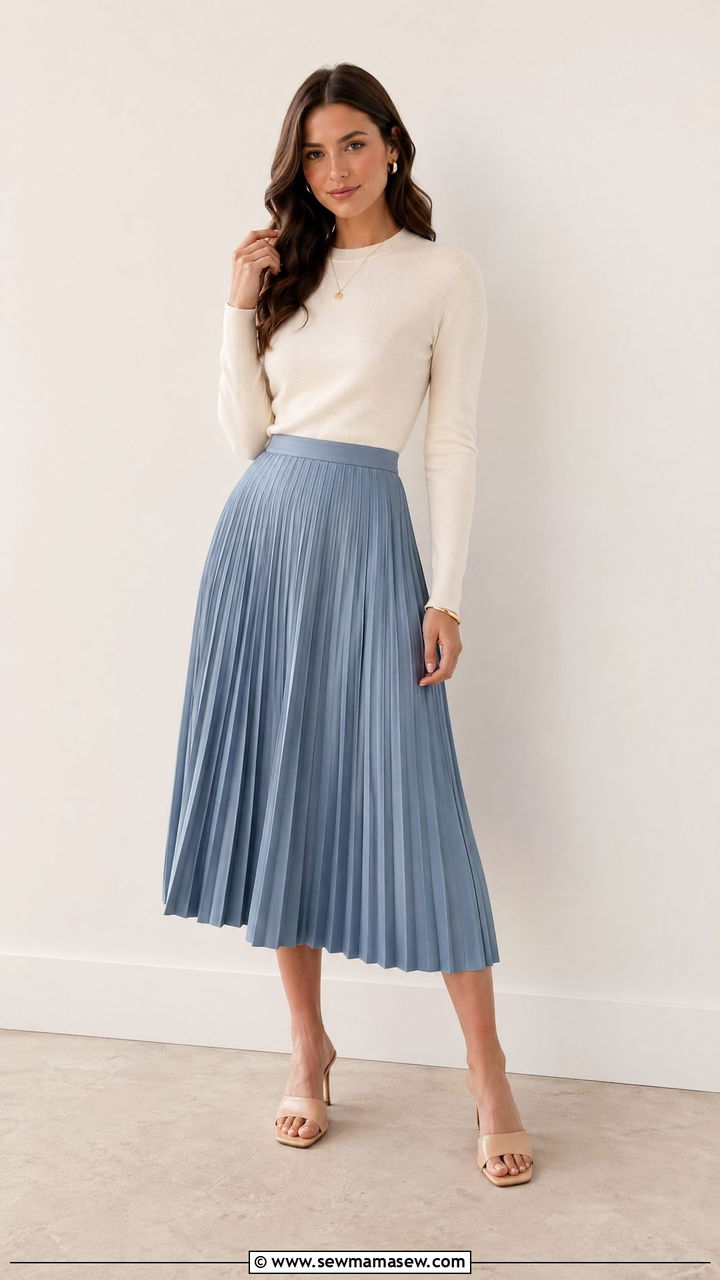 Pleated Midi Skirt with Fitted Sweater and Heeled Mules - 35 spring elegant outfit ideas