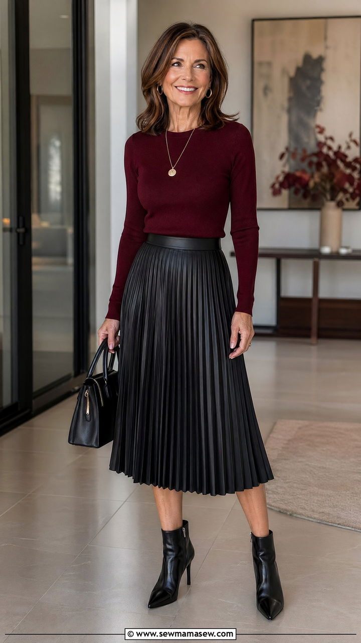 Pleated Midi Skirt with Fitted Sweater and Pointed Toe Ankle Boots - 35 Classy outfit ideas for women over 50