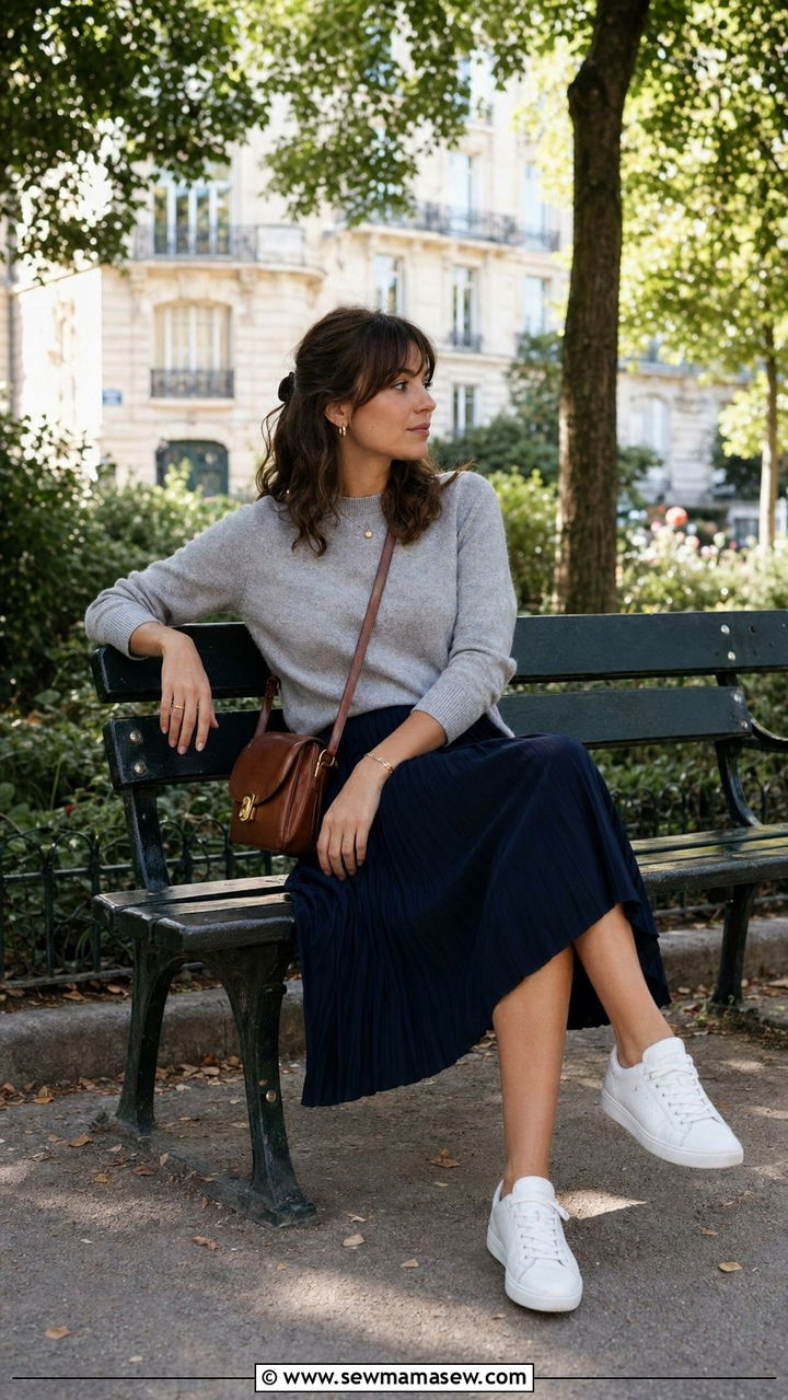 Pleated Midi Skirt with Lightweight Knit - 35 Parisian travel outfits