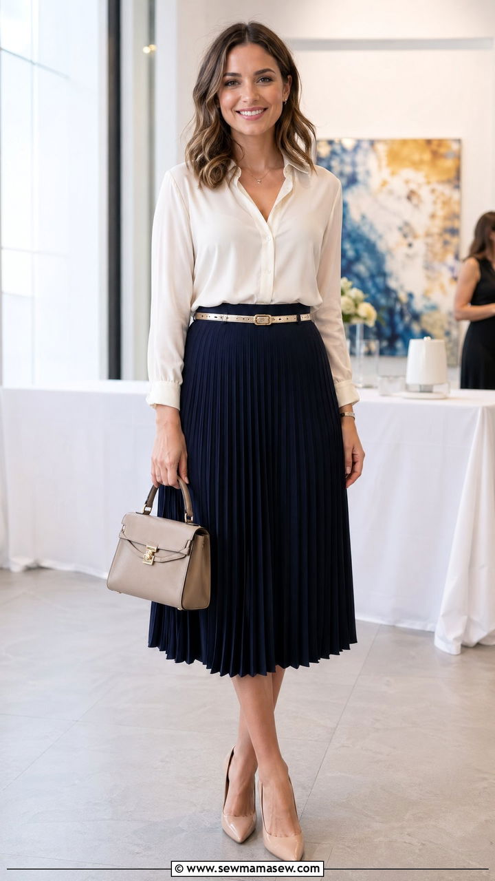 Pleated Midi Skirt with Silk Blouse - 35 Corporate event outfit ideas