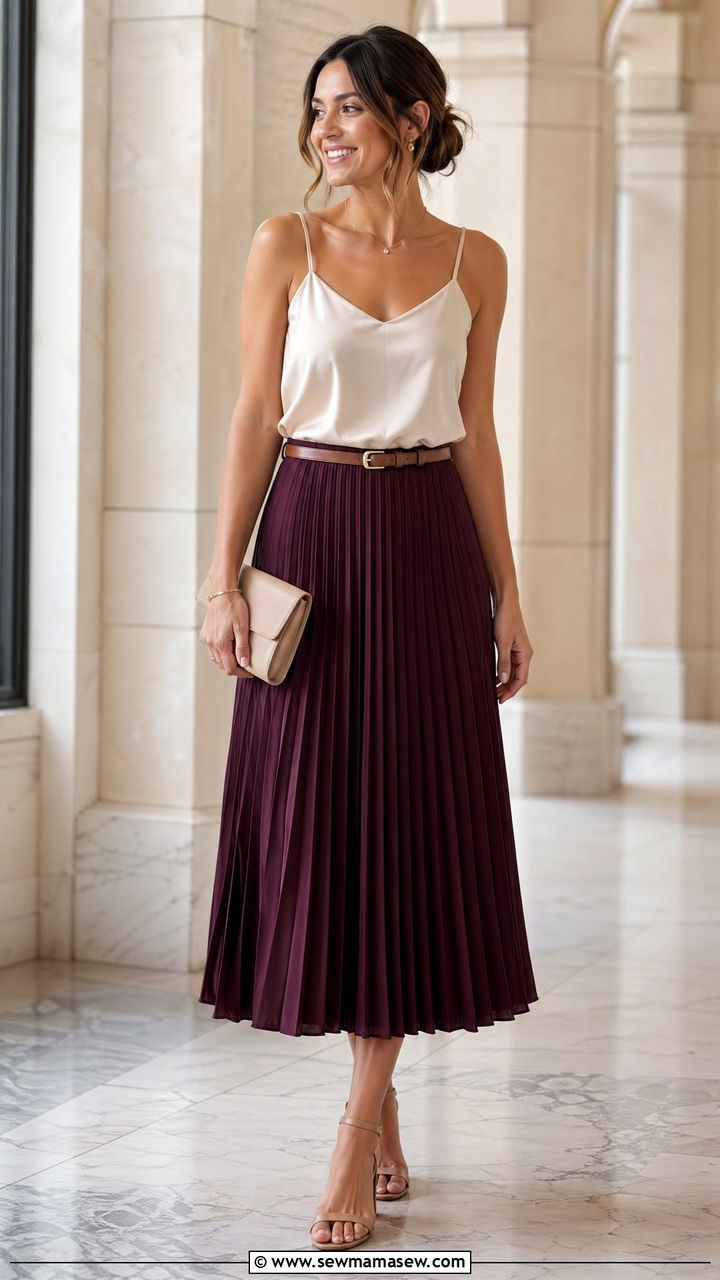 Pleated Midi Skirt with Silk Camisole - 35 Courthouse wedding guest outfits