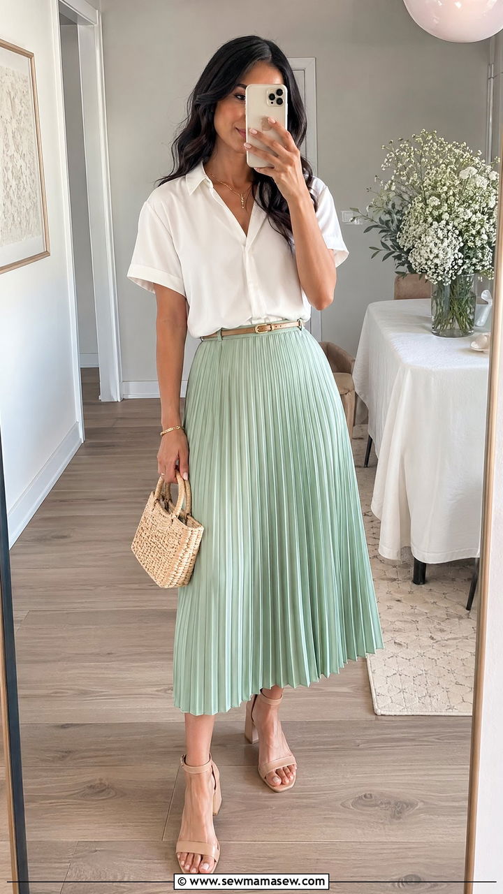 Pleated Midi Skirt with Tucked In Blouse - 35 cute baby shower outfits