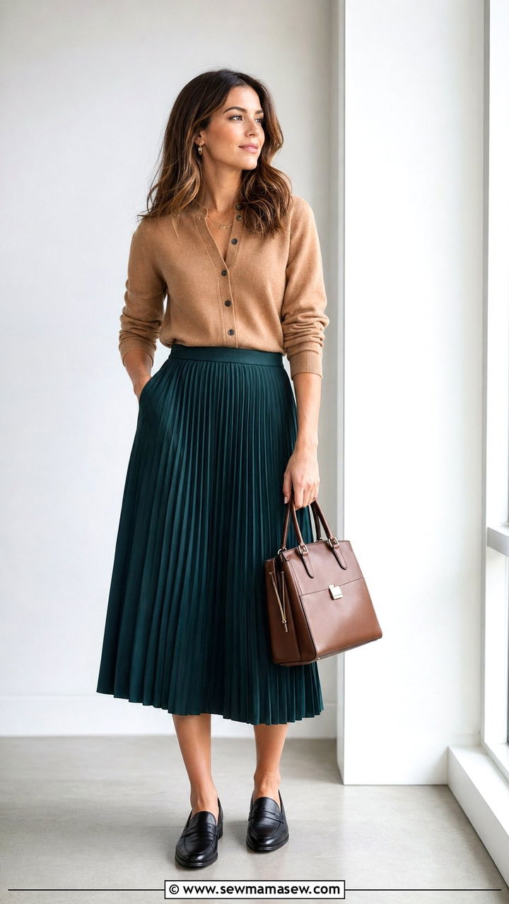 Pleated Midi Skirt with Tucked in Cardigan and Loafers - 35 Preppy outfit ideas