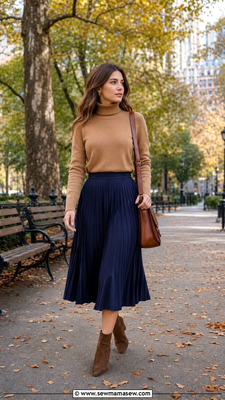 Pleated Midi Skirt with Turtleneck and Ankle Boots - 35 pleated skirt outfit ideas for women