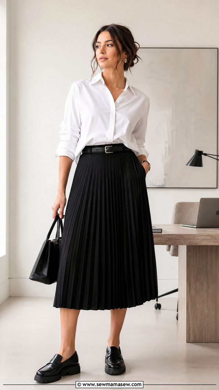 Pleated Midi Skirt with a Button Down Shirt and Chunky Loafers - 35 workwear outfit ideas for women