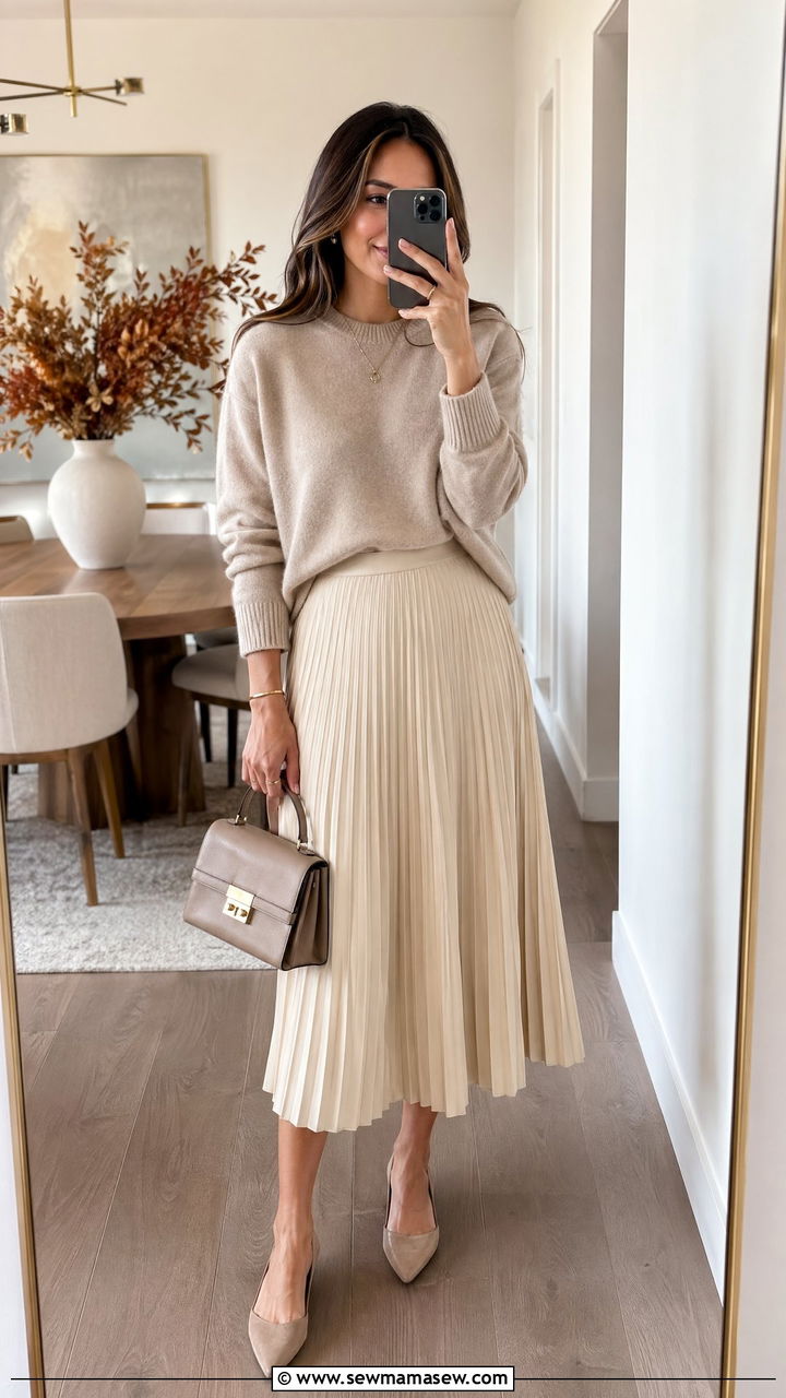 Pleated Midi Skirt with a Cashmere Sweater - 35 what to wear to brunch
