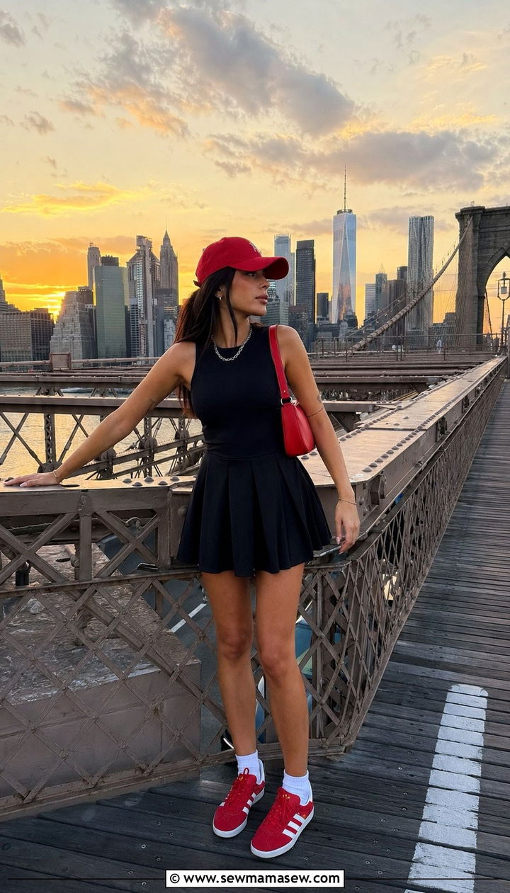 Pleated Mini Dress with Red Accessories - 35 New York summer outfit ideas