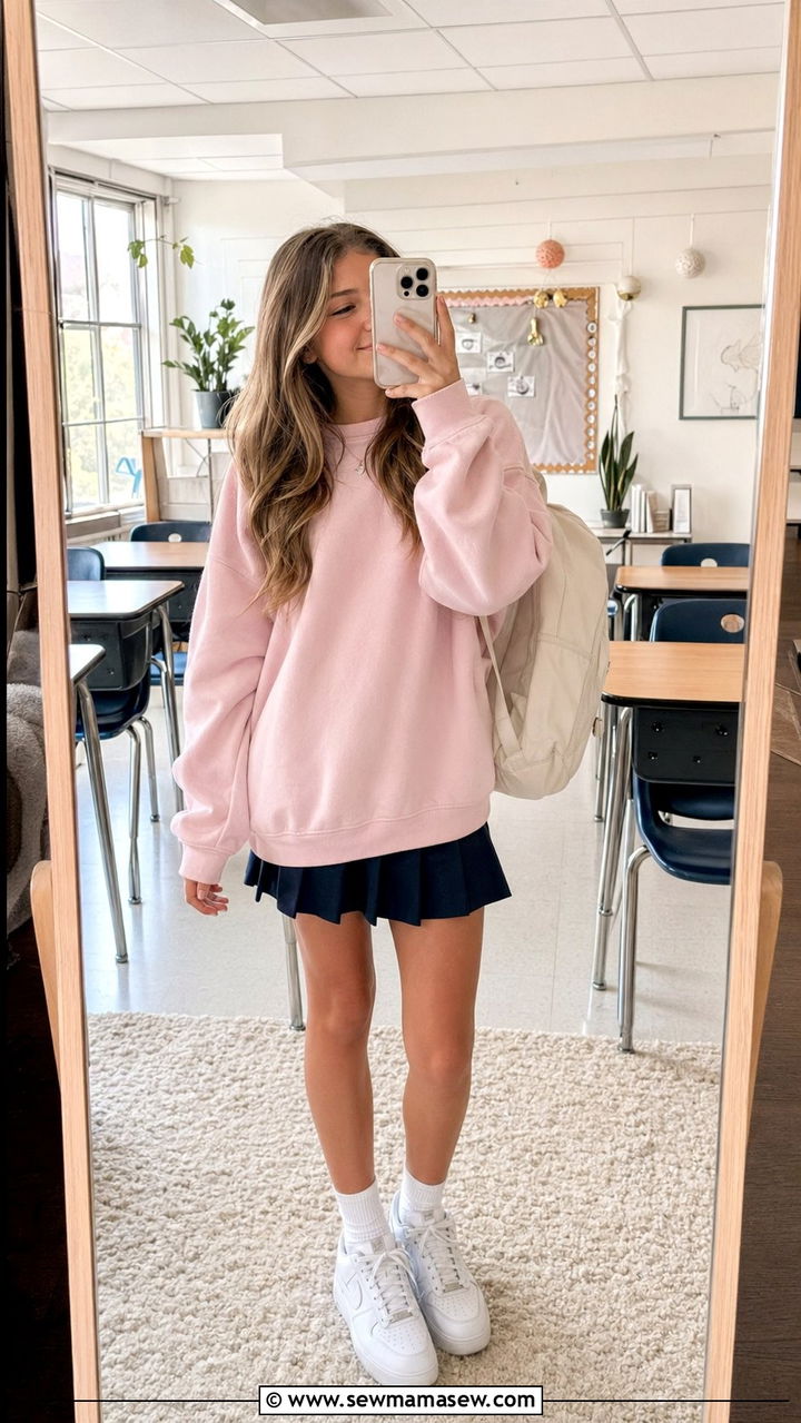 Pleated Mini Skirt With Oversized Sweatshirt Outfit - 30 Back to school outfit ideas middle school 2026