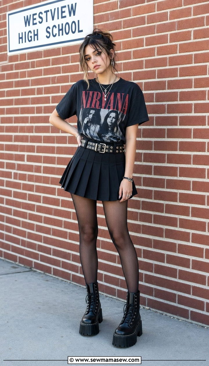 Pleated Mini Skirt and Platform Boots Outfit - 30 Back to school outfit ideas Y2K 2026