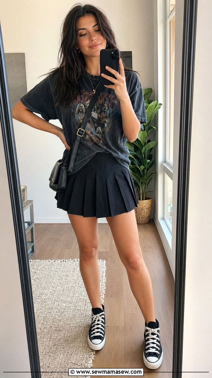 Pleated Mini Skirt with Graphic Tee and High Tops - 35 pleated skirt outfit ideas for women