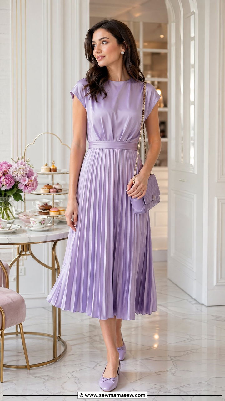 Pleated Satin Midi Dress With Ballet Flats - 35 Summer outfits with midi dresses
