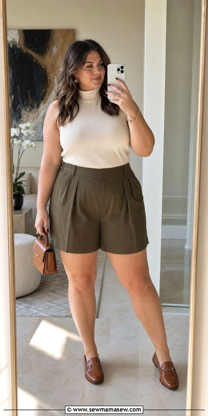 Pleated Shorts And Sleeveless Turtleneck Summer Outfit - 35 Plus size outfit ideas size 20 summer