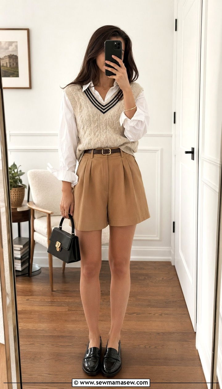 Pleated Shorts and Sweater Vest Outfit - 30 Best shorts for petite women