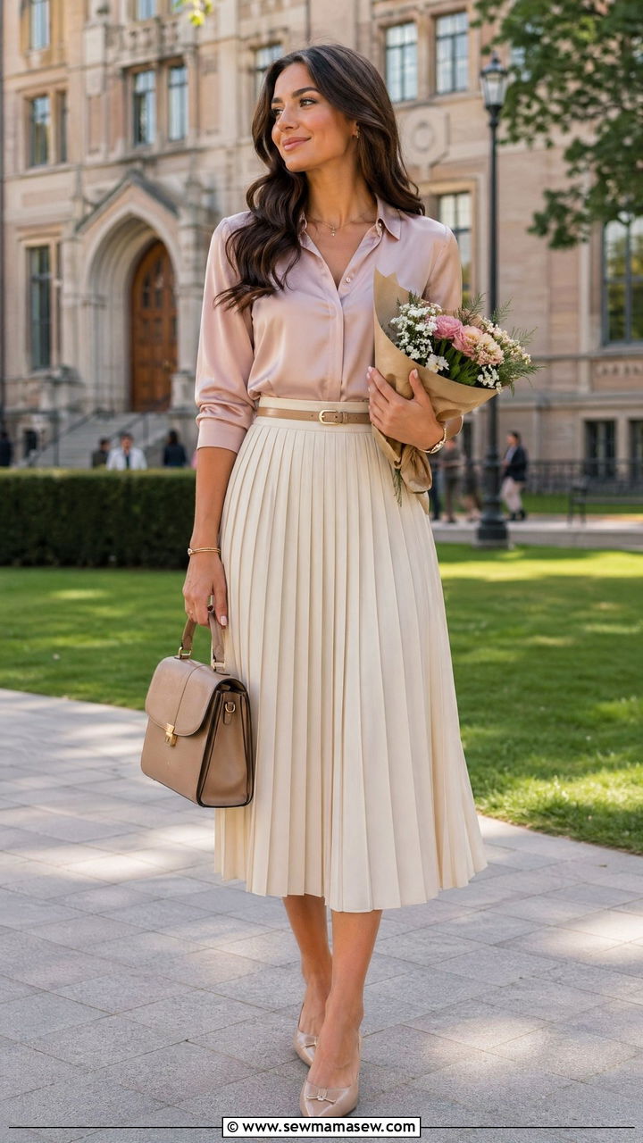 Pleated Skirt And Silk Blouse Combo - 35 classy graduation outfit ideas