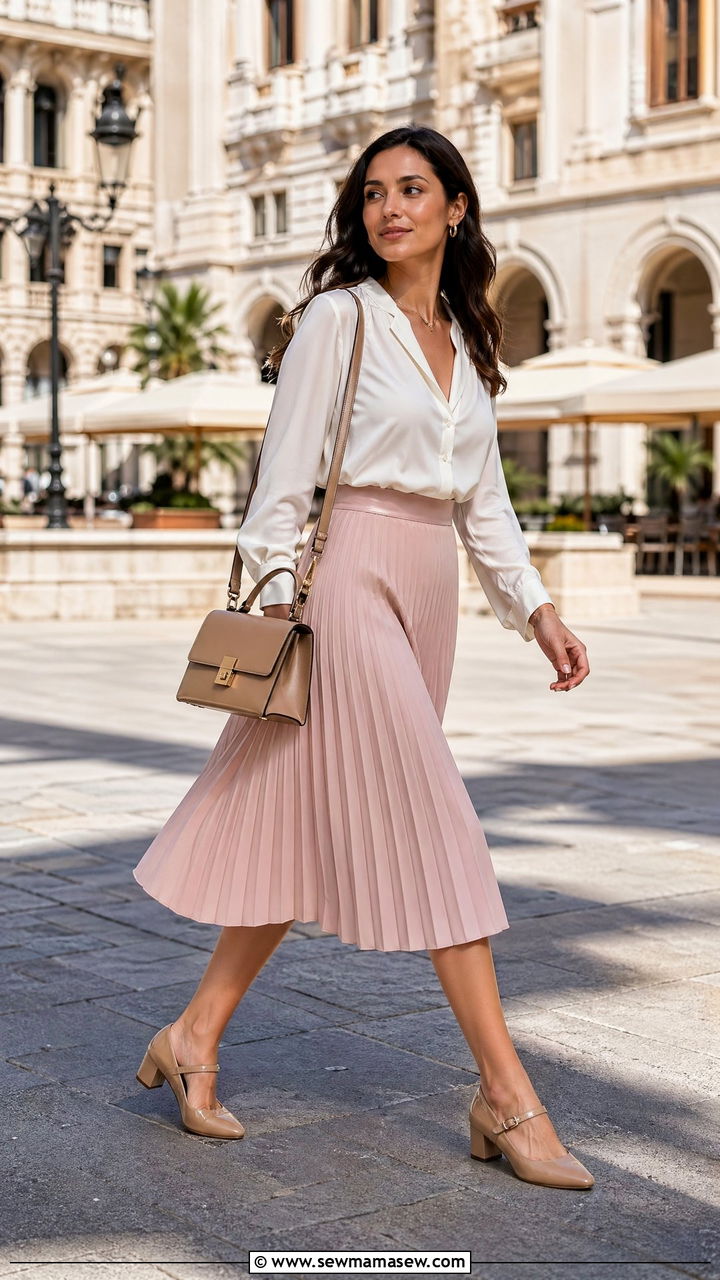 Pleated Skirt Silk Blouse and Mary Jane Heels - 35 classy graduation outfits