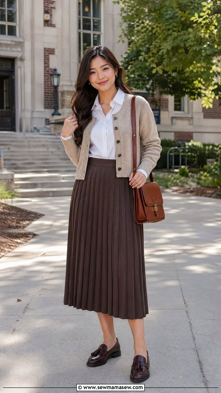 Pleated Skirt With Button Down And Cardigan - 35 spring chic outfit ideas