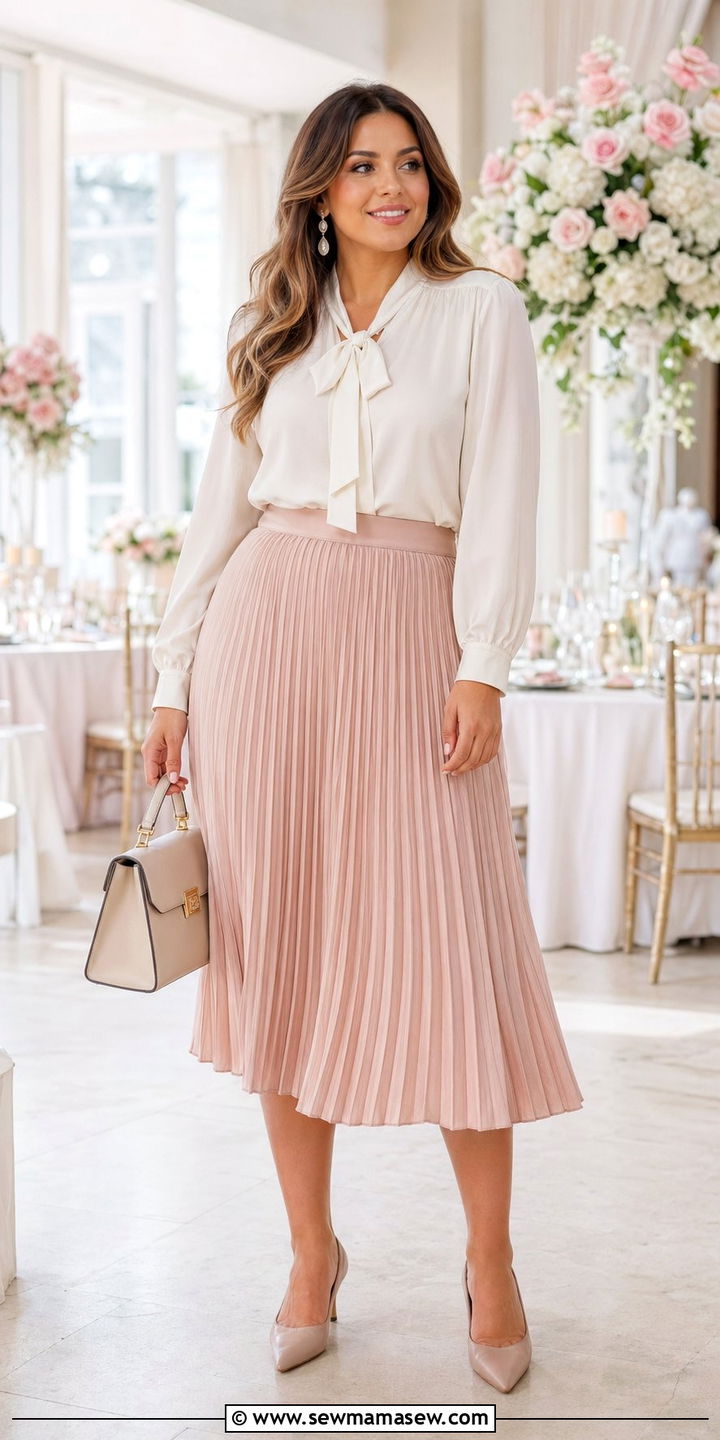 Pleated Skirt and Blouse Wedding Guest Outfit - 30 Wedding guest outfits for pear shape