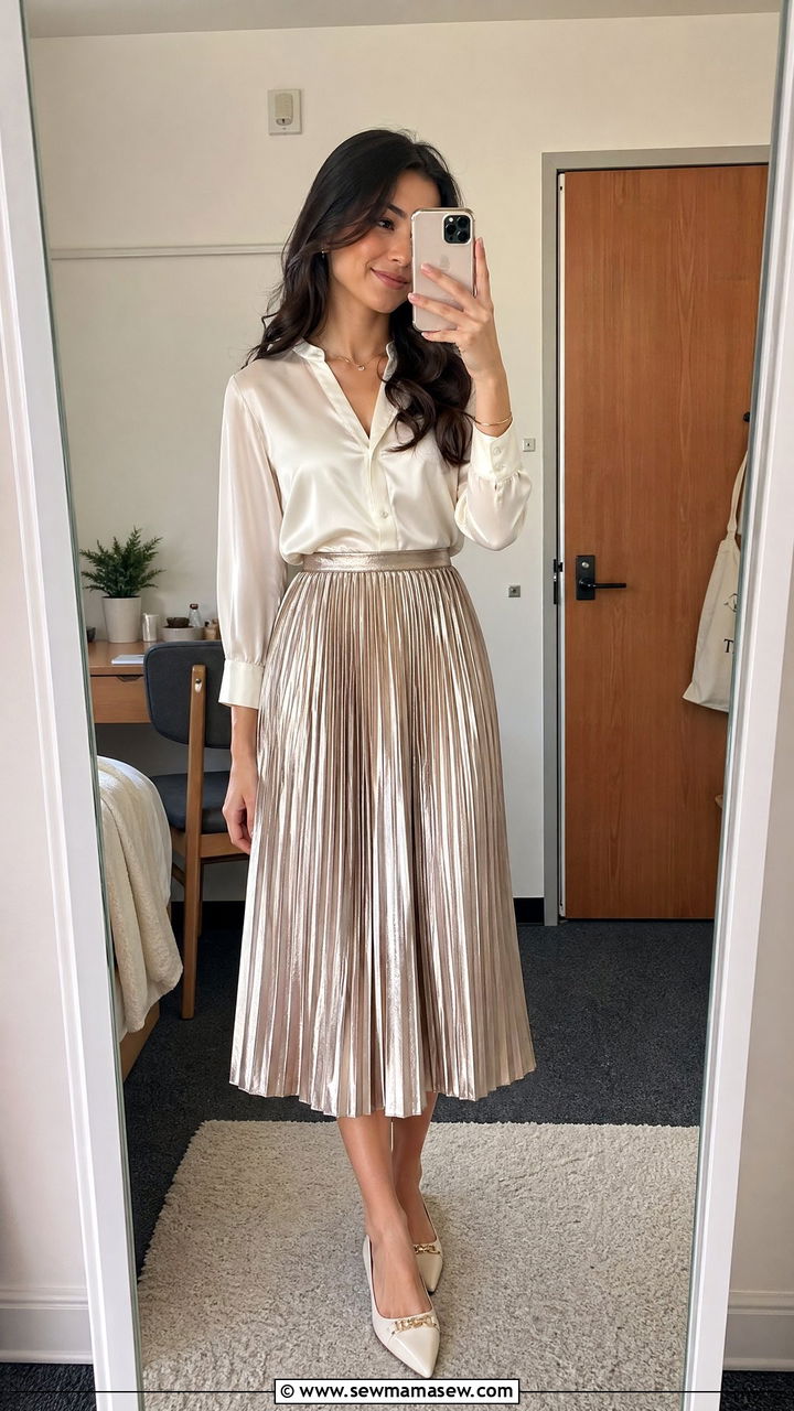 Pleated Skirt and Silk Blouse With Pointed Flats - 35 College graduation outfit ideas