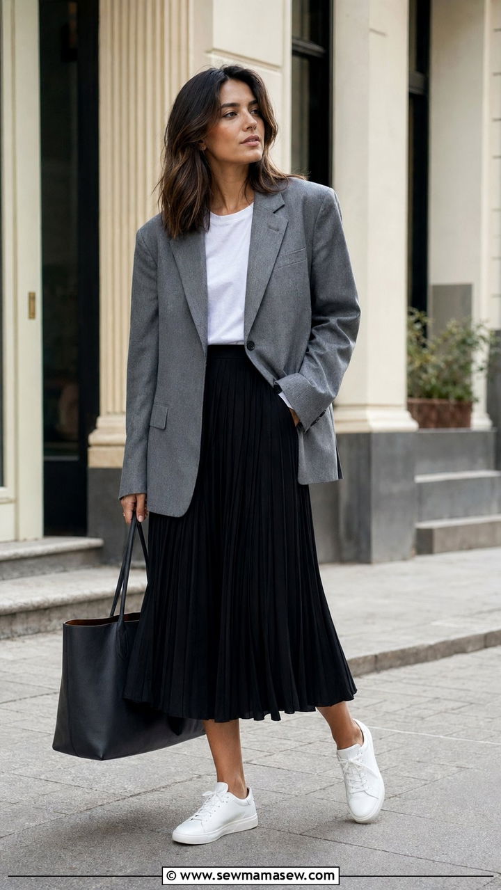 Pleated Skirt with Blazer and Sneakers Outfit - 35 pleated skirt outfit ideas for women